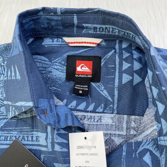 Quiksilver Fish Print Button Up Shirt Blue Men's Size Small NWT - Picture 4 of 9